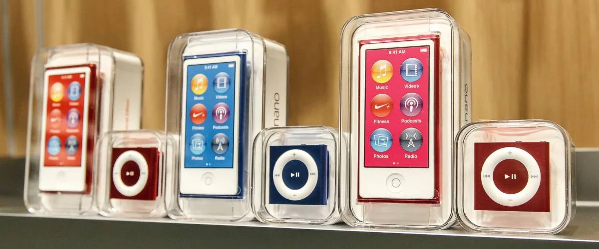 New York, February 9, 2017: New iPod Shuffle and iPod Nano mp3 players stand on a shelf in Apple store on 5th Avenue in Manhattan.