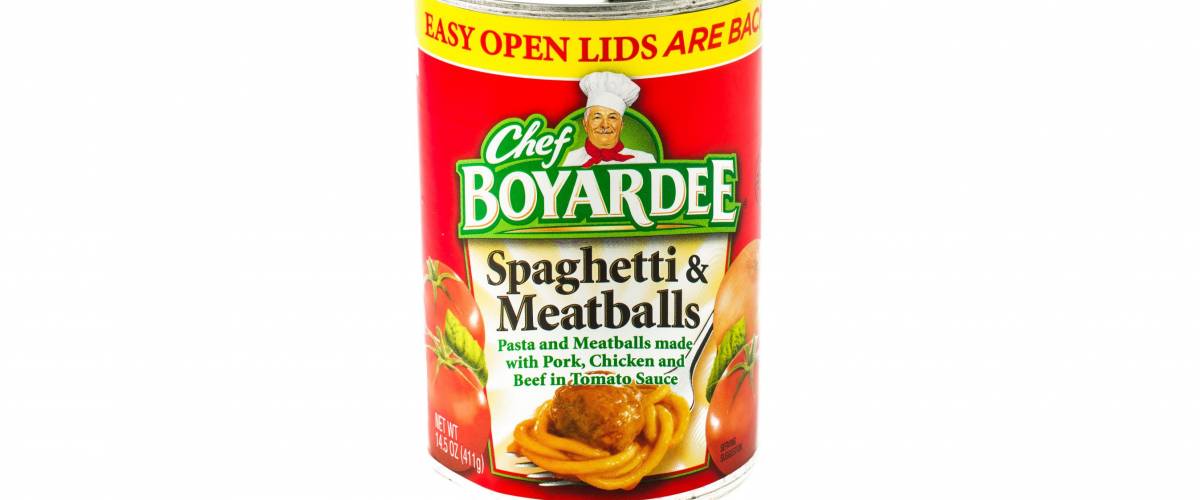 Winneconne, WI - 29 January 2015:  Can of Spaghetti & Meatballs by Chef Boyardee.  Chef Boyardeee has been enjoyed by everyone since 1928.
