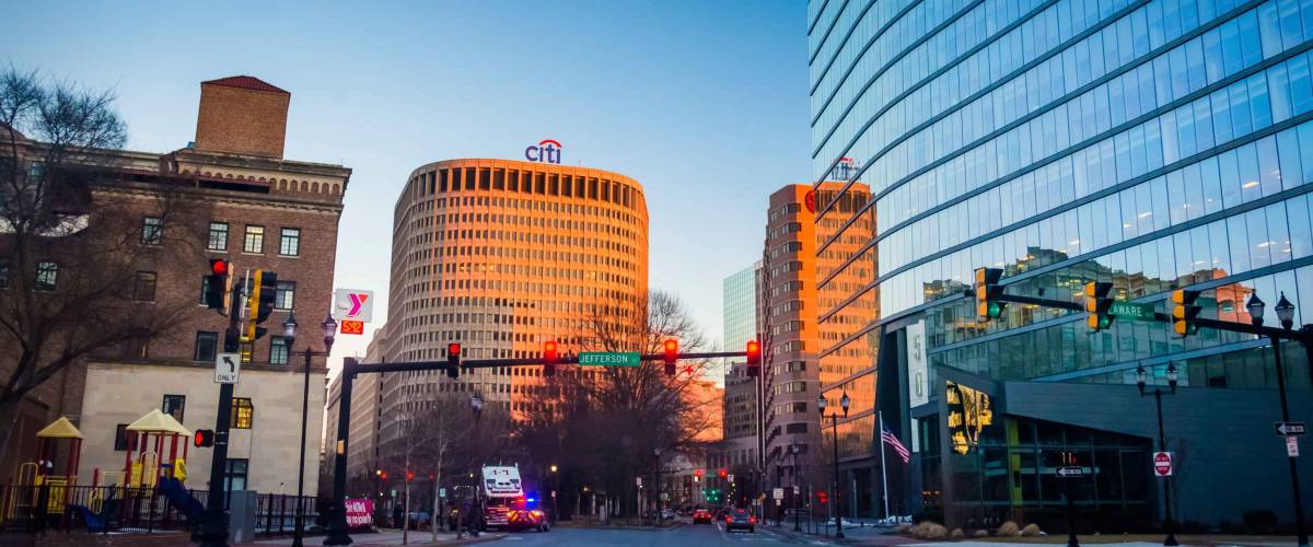 Intersection and modern buildings in downtown Wilmington, Delaware.