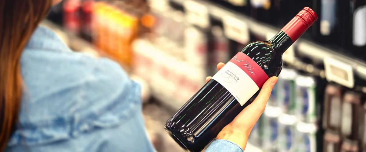 Woman reading the label of red wine bottle in liquor store
