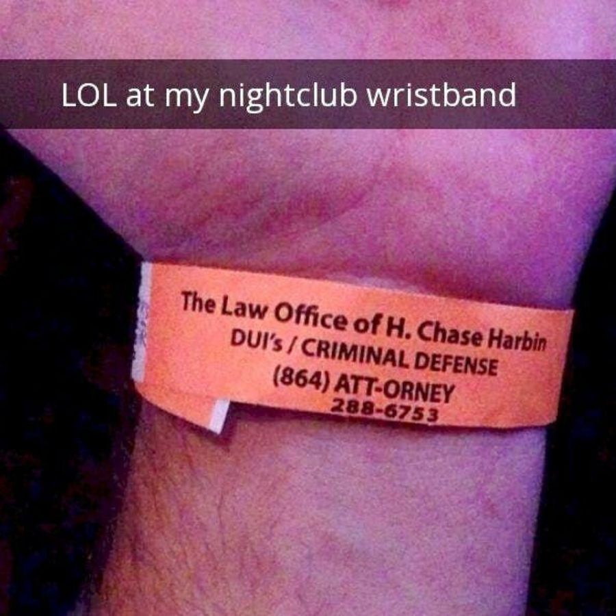 fake nightclub wristbang that is actually an attorney bracelet