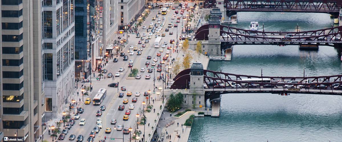A view of traffic on the side of the Chicago River