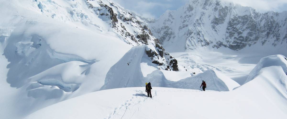 Mountain climber on rope team bending over on snow-covered ridge in the Alaska Range